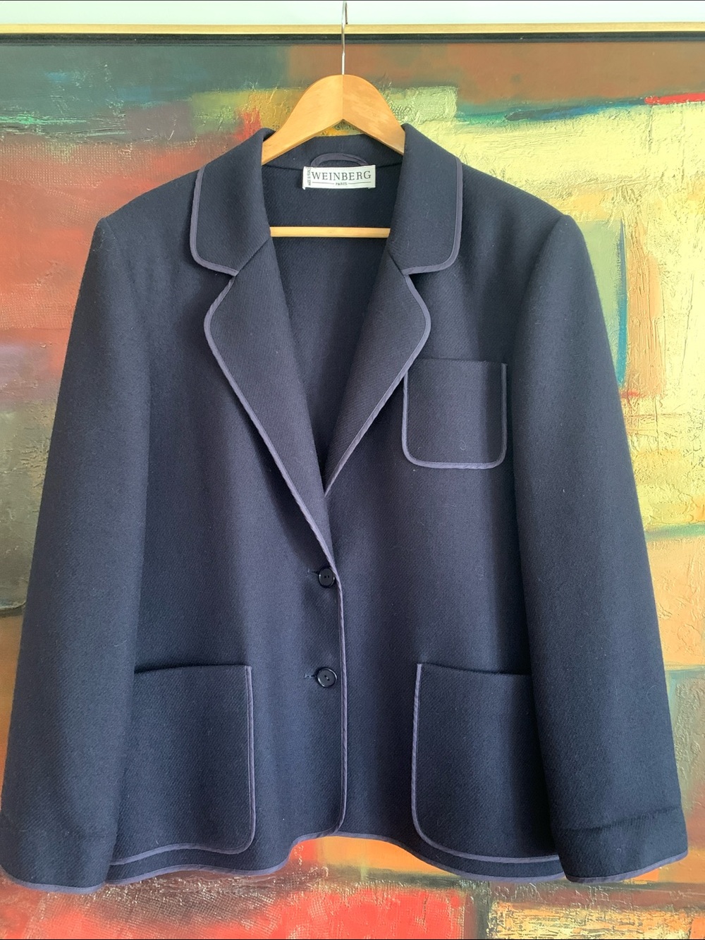 Vintage Weinberg Paris Navy Blue Wool Piped Blazer 🇫🇷 Size L/XL
